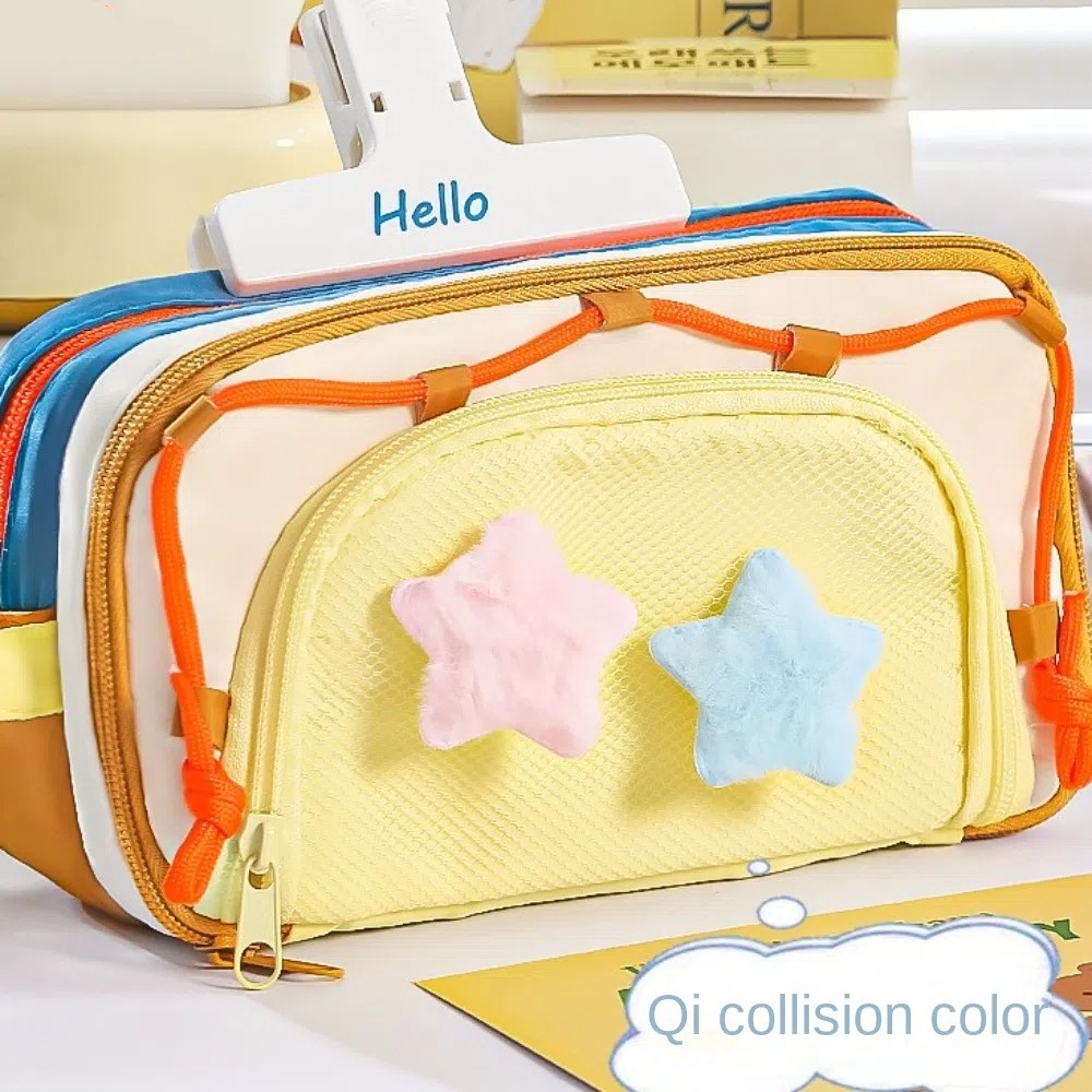 Aesthetic Large Pencil Case Pouch - 7層構造のY2K風スターデザイン文具バッグ。大容量で、机の上での収納に最適。韓国風のペンケースで、おしゃれなY2Kスタイル。インスタ映えするペンポーチ。学校にも。