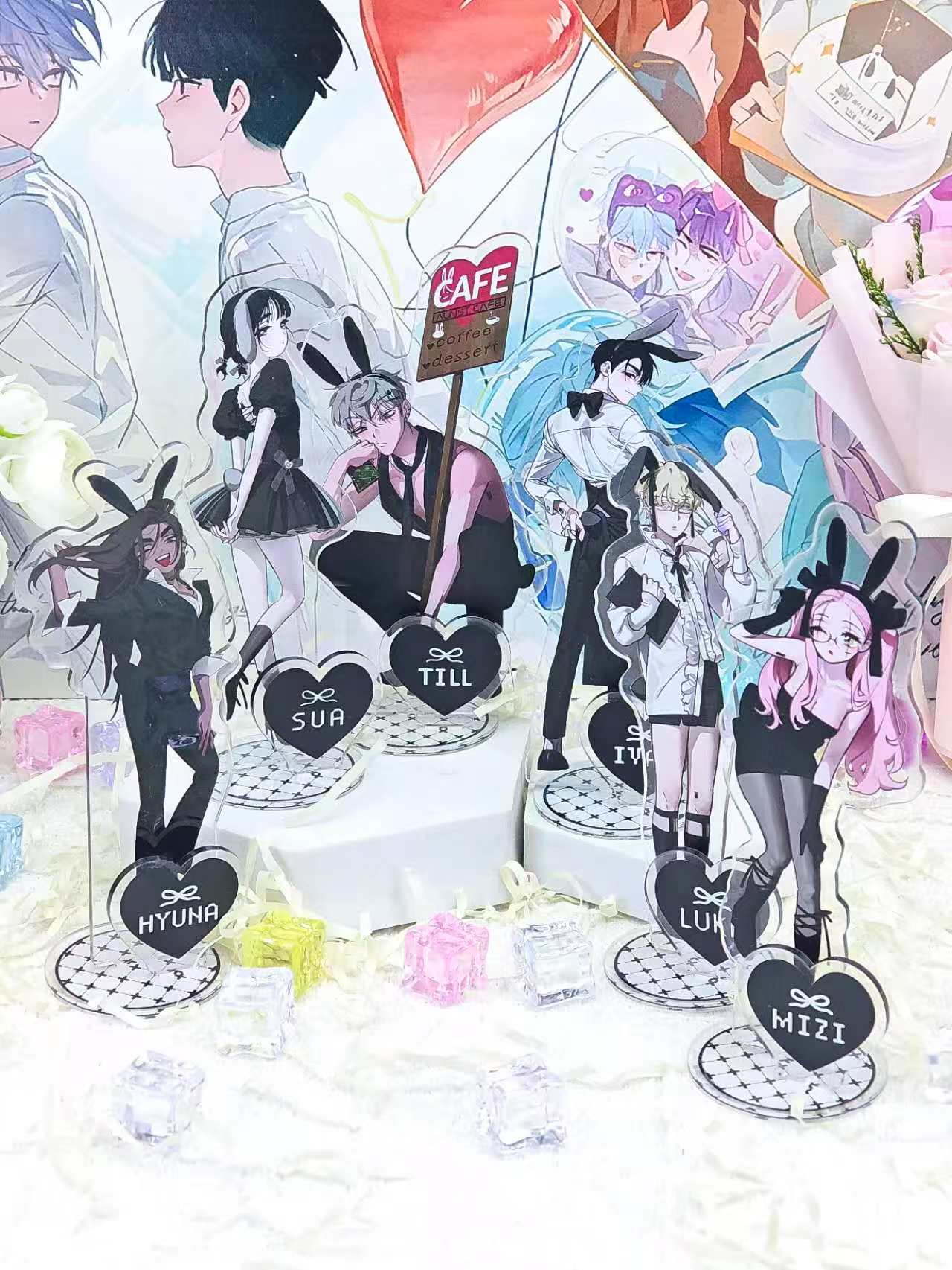Desk Accessories - かわいいウサギの男の子と女の子のアクリル製スタンドフィギュア6個入り/1個入りセット。アニメ風のキャラクターで、ゴシックでかわいらしいデザイン。デスクの装飾やコレクションに最適。