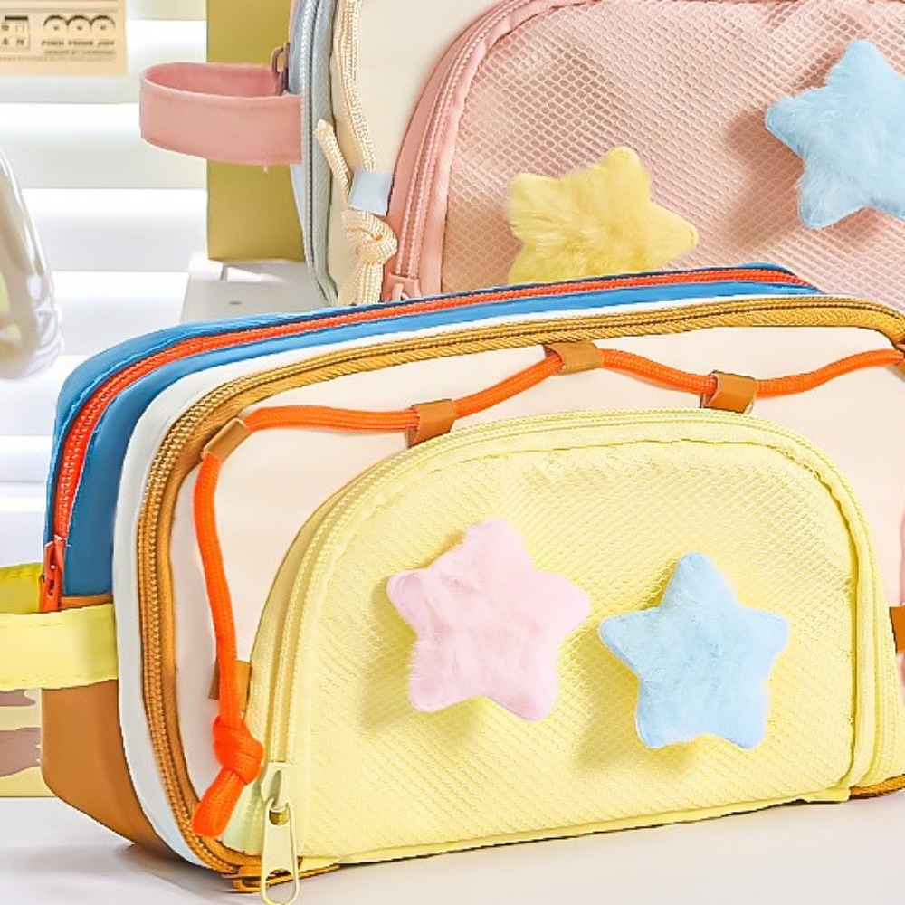 7層構造のY2K風スターデザイン文具バッグ。大容量で、机の上 - Aesthetic Large Pencil Case Pouch のレビューと価格