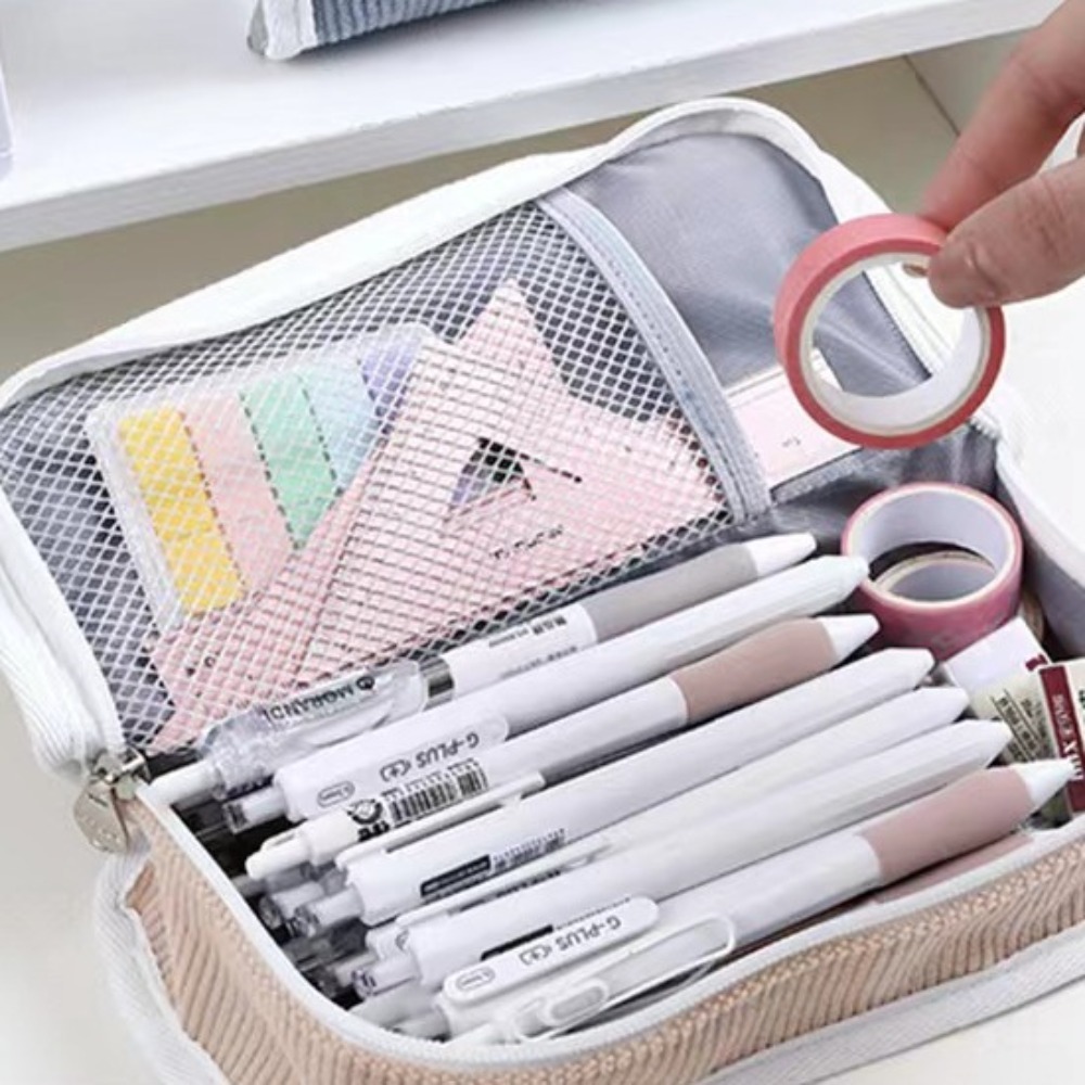 ピンクブルーグレーイン文具バッグデスクトップ収納大容量韓国ス - Aesthetic Large Pencil Case Pouch のレビューと価格