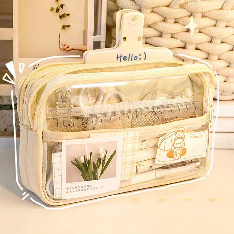 美的学用品 大容量 ペンポーチ 大きなペンケース 透明 多層 - Aesthetic Large Pencil Case Pouch のレビューと価格